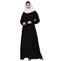 Zipper Front open pleated abaya with lace work- Black